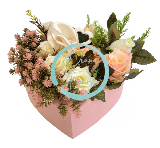 Flower Box srdce s mixem umělých květin a doplňky 33cm x 25cm x 12cm