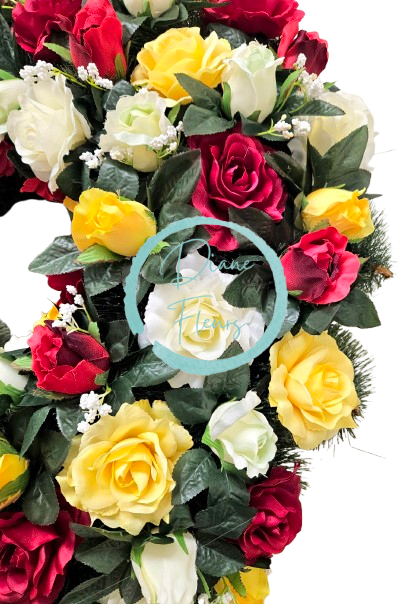 Luxusný smútočný veniec borovicový exclusive ruže, gladioly, orchidey a doplnky 80cm