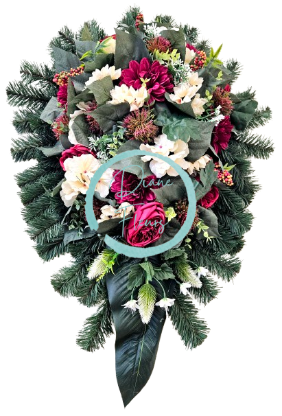 Corona funebre "Leaf" peonie artificiali, dalie, ortensie, cardi e accessori 95 cm x 60 cm AS997