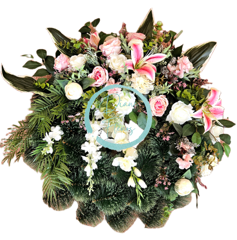 Smuteční věnec borovicový exclusive růže, pivoňky, delphinium a doplňky 70cm x 80cm AS1062