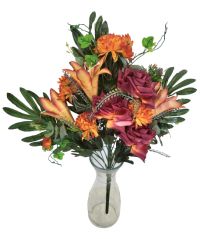 Luksusowy sztuczny bukiet chryzantem, róż, lilii z dekoracjami 54cm bordowy, pomarańczowy