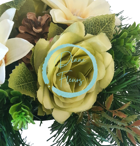 Smútočný aranžmán betonka umelé ruže, clematis & doplnky Ø 28cm x 15cm