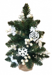 Umělý vánoční stromeček ozdobený Vánočními dekoracemi a světýlky 42cm