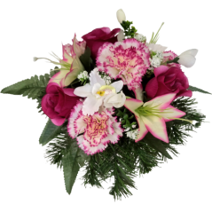 Aranjament pentru cimitir de garoafe artificiale, trandafiri, orhidee, crini și accesorii Ø 30cm x 20cm