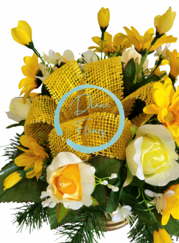 Trauergesteck aus künstliche Gänseblümchen, Rosen und Zubehör Ø 35cm x 35cm