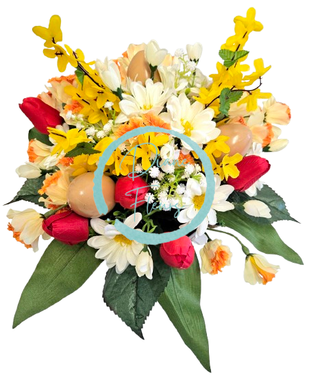 Aranžmán v plechovom kvetináči umelé tulipány, margaréty, zlatý dážď, veľkonočné vajíčka a doplnky Ø 43cm