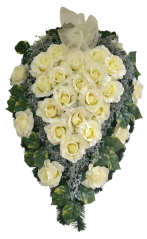 Coroana funerara „Lacrimă” din trandafiri si frunze de potos și accesorii 100cm x 70cm