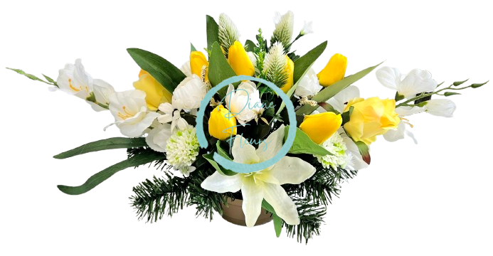 Aranžmán betonka umělé tulipány, lilie, růže, mečíky gladioly a doplňky 60cm x 33cm x 29cm AS989