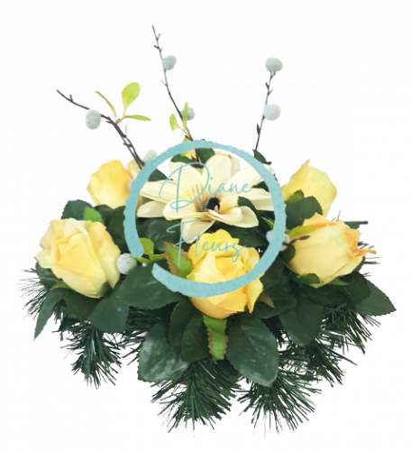 Díszített betontál fenyőből mesterséges rózsák és barka virág és clematis és kiegészítők Ø 25cm x 17cm