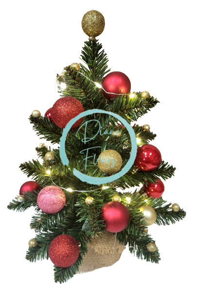 Umělý vánoční stromeček ozdobený Vánočními koulemi a světýlky 42cm