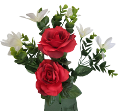Buchet de trandafiri si eucalipt rosu, alb 35cm flori artificiale cel mai bun pret