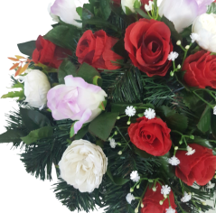 Temetési koszorú műrózsák és bazsarózsa Ø 44cm piros, lila, krém
