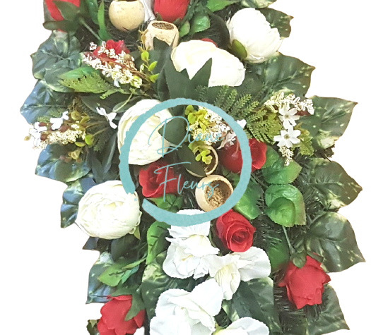 Temetési koszorú műrózsák és bazsarózsa 100cm x 35cm piros, fehér, zöld