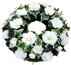 Coroană funerară cu trandafiri artificiali și dalii Ø 60cm