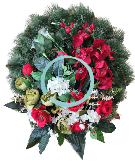 Smuteční věnec borovicový Exclusive Růže & Gladioly Mečíky & Pivoňky & Hortenzie & Doplňky 85cm AS511
