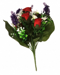 Růže & Levandule kytice x13 34cm červená, bílá umělá