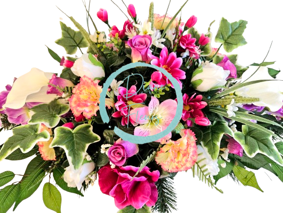 Luxuriöse Trauergesteck aus künstliche Rosen, Gänseblümchen, Nelken, Alstromerien, Calla Lilien, Gladiolen und Accessoires 105cm x 50cm x 40cm