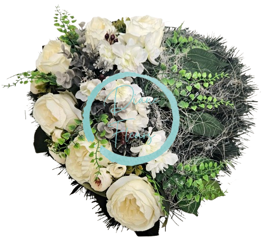 Smútočný veniec "Srdce" umelé pivonky, ranunculus, eukalyptus a doplnky 40cm x 40cm