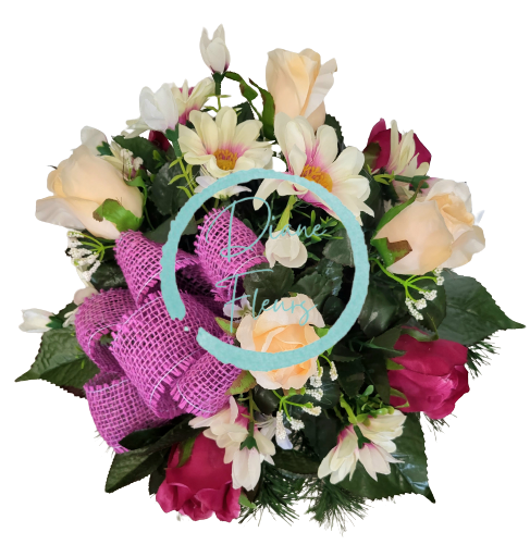 Žalobni aranžman umjetne tratinčice, ruže i dodaci Ø 35cm x 35cm