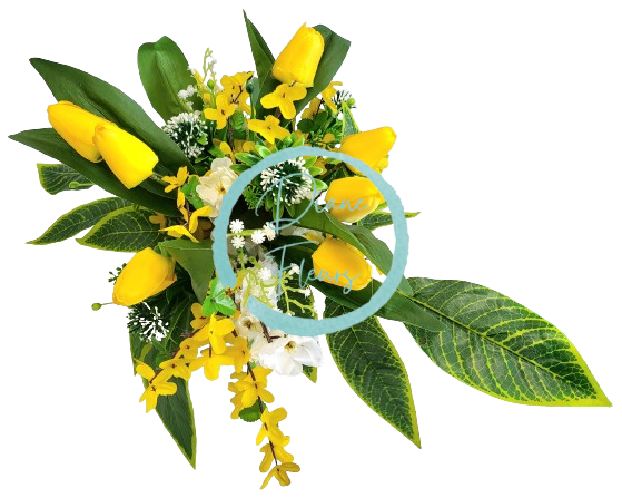 Sympathy arrangement made of artificial Tulips, Golden Shower and Accessories 67cm x 35cm x 25cm