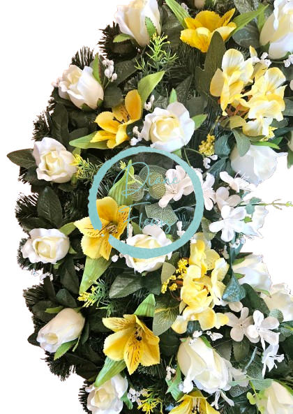 Großer Künstliche Kranz mit Rosen, Lilien, Alstroemeria und Zubehör Ø 85cm