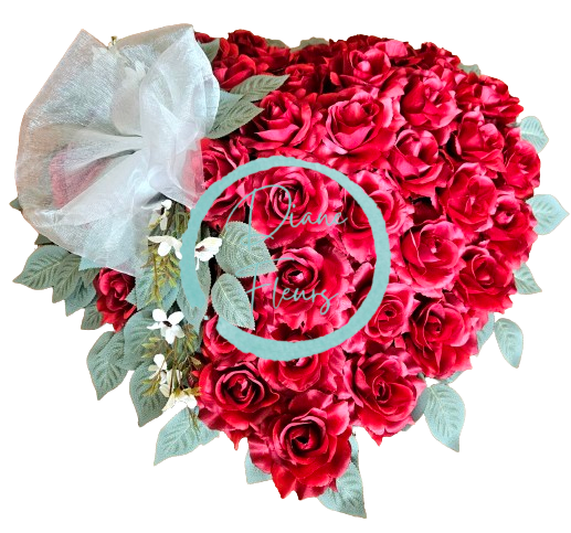 Smuteční věnec "Srdce" z Růží a listů Břízy 60cm x 60cm červená & zelená umělý AS619