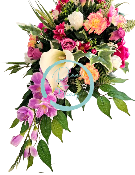 Luxuriöse Trauergesteck aus künstliche Rosen, Gänseblümchen, Nelken, Alstromerien, Calla Lilien, Gladiolen und Accessoires 105cm x 50cm x 40cm