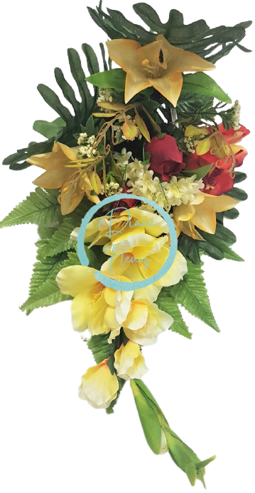 Buket ruža i gladijala i ljiljana "16" žuta i crvena 70 cm umjetna