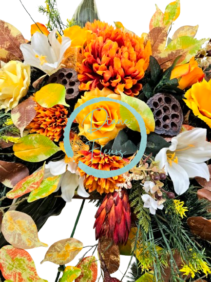 Luxusný smútočný veniec borovicový exclusive ruže, ľalie, chryzantémy a doplnky 90cm