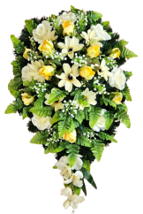 Coroana funerara „Lacrimă” din Clematis, Trandafiri, Rumohra si accesorii 95cm x 55cm