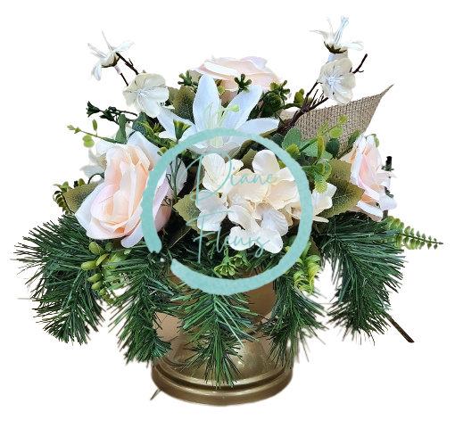 Sympathy arrangement made of artificial Lilies, Roses, Hydrangeas and Accessories Ø 30cm x 30cm