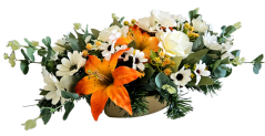 Trauergesteck aus künstliche Rosen, Gänseblümchen, Lilien und Accessoires 50cm x 35cm x 18cm AS1077