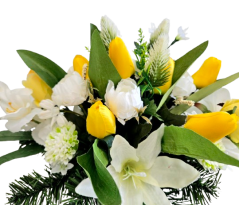 Trauergesteck aus künstliche Tulpen, Lilien, Rosen, Gladiolen und Accessoires 60cm x 33cm x 29cm