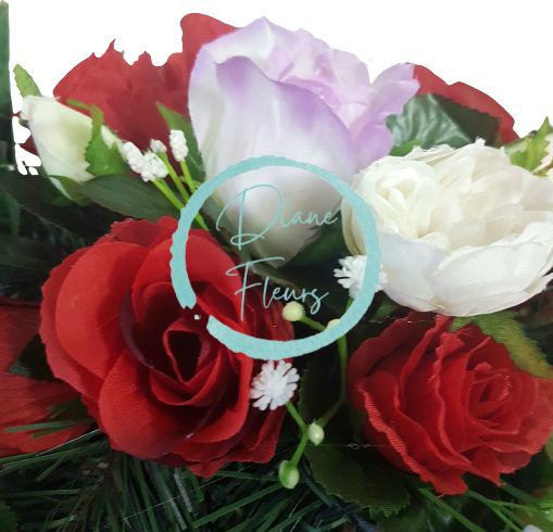 Smuteční věnec z umělých růží a pivoněk 44cm červená, fialová, krémová AS310