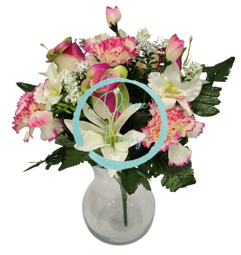 Bukiet Róż, Goździków, Lili i Orchidei x13 33cm bordowy, zielony, kremowy sztuczny