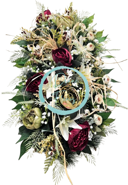 Luxusný smútočný veniec borovicový exclusive pivonky, ľalie, kamélie a doplnky 75cm x 45cm