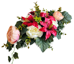 Trauergesteck aus künstliche Rosen, Pfingstrosen, Lilien und Accessoires 55cm x 35cm x 23cm AS1078