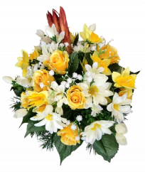 Kompozycja żałobna sztuczne róże, stokrotki i akcesoria 30cm x 25cm