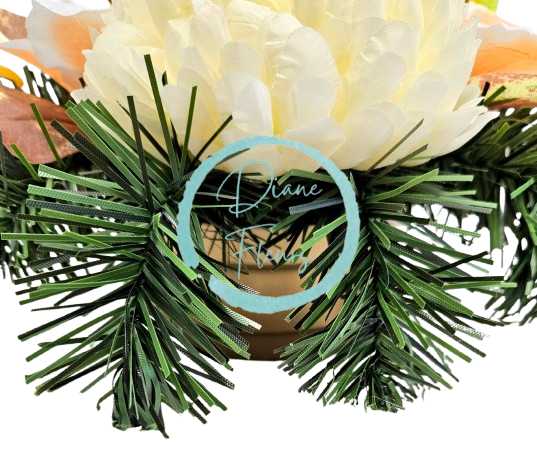 Aranžmán betonka umělé chryzantémy, lilie & doplňky 28m x 16cm AS863