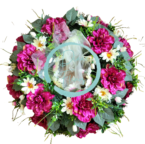Smútočný veniec kruh umelé dahlie, margarétky a doplnky Ø 60cm