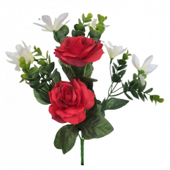 Rózsák és eukaliptusz csokor piros,fehér 35cm művirág a legjobb ár