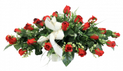 Krásný smuteční aranžmán betonka umělé růže, doplňky a stuha 85cm x 45cm x 30cm červená, zelená