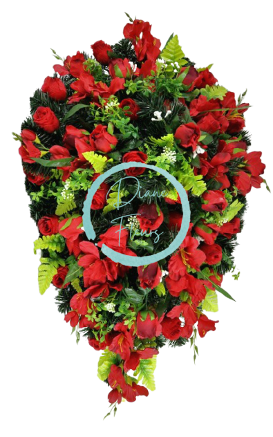 Smuteční věnec s umělými růžemi a gladiolami mečíky 100cm x 60cm červená, zelená AS317