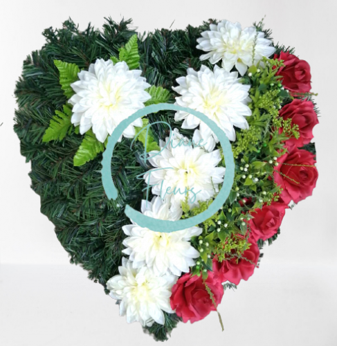 Umelý smútočný veniec "Srdce" Dahlie & Ruže & doplnky 55cm x 55cm