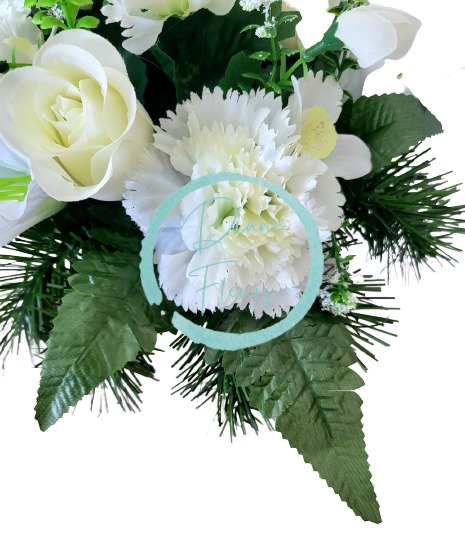 Aranjament pentru cimitir de garoafe artificiale, trandafiri, orhidee, crini și accesorii Ø 30cm x 20cm
