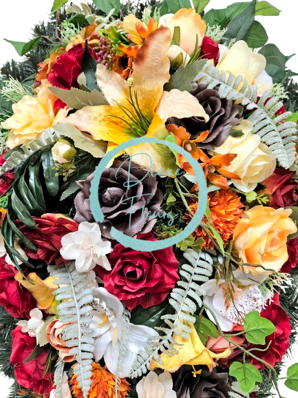 Smútočný veniec "Slza" umelé ruže, dálie, chryzantémy, ľalie, papraď a doplnky 110cm x 60cm