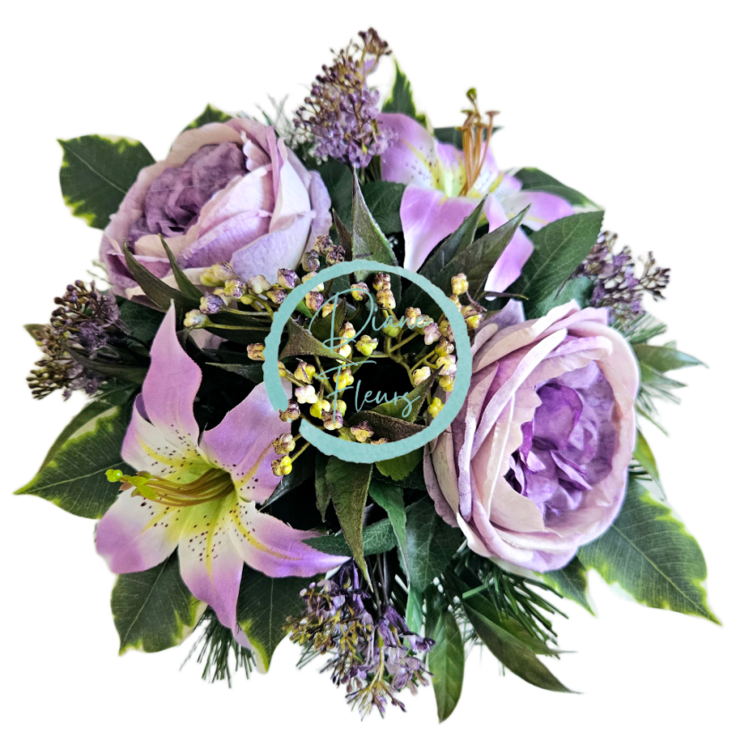 Aranjament decorativ din flori artificiale, bujori, crini și accesorii 30cm x 20cm AS1079