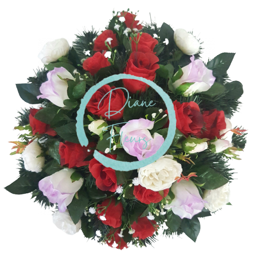 Coroana funerara din trandafiri și bujori artificiali Ø 44cm roșu, violet, crem