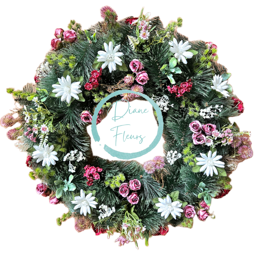 Luxusný smútočný veniec borovicový exclusive ruže, margarétky, drobné kvietky, bodliak a doplnky 80cm