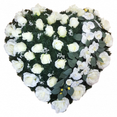Smútočný veniec "Srdce" z umelých ruží a orchideí 80cm x 80cm biely & krémový